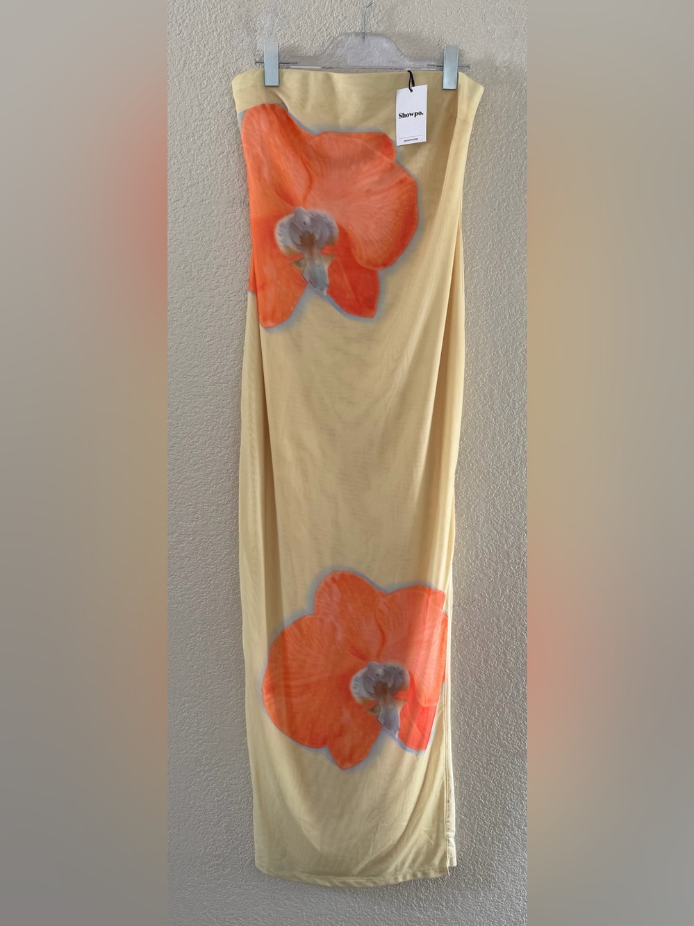 Showpo Women’s US 10 Aretta Midi/Maxi Dress Yellow Orchid Print Strapless +Slit